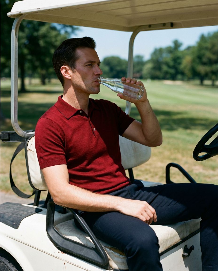 Golfer in a blood red wool polo resting on a golf cart